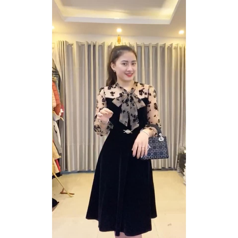 Đầm nhung cổ nơ K1