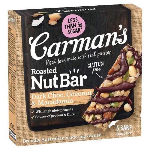 Thanh Hạt Ăn Kiêng Carman's Nut Bar Dark Choc Macadamia &amp; Coconut - Chocolate Đen Macca &amp; Dừa - 160g