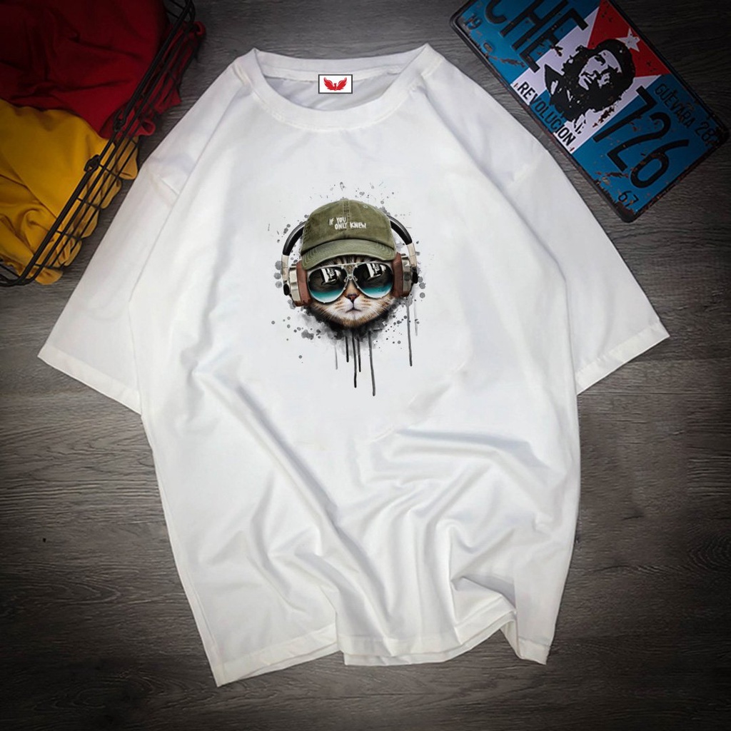 Áo Thun Tay Lỡ In Nhiệt Mèo Nghe Nhạc Unisex chất Cotton phong cách Ulzzang ATIN52 - Áo Phông unisex Cotton cao cấp | BigBuy360 - bigbuy360.vn