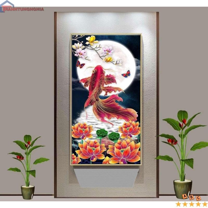 Tranh đính đá, tranh thêu chữ thập cá chép hóa rồng