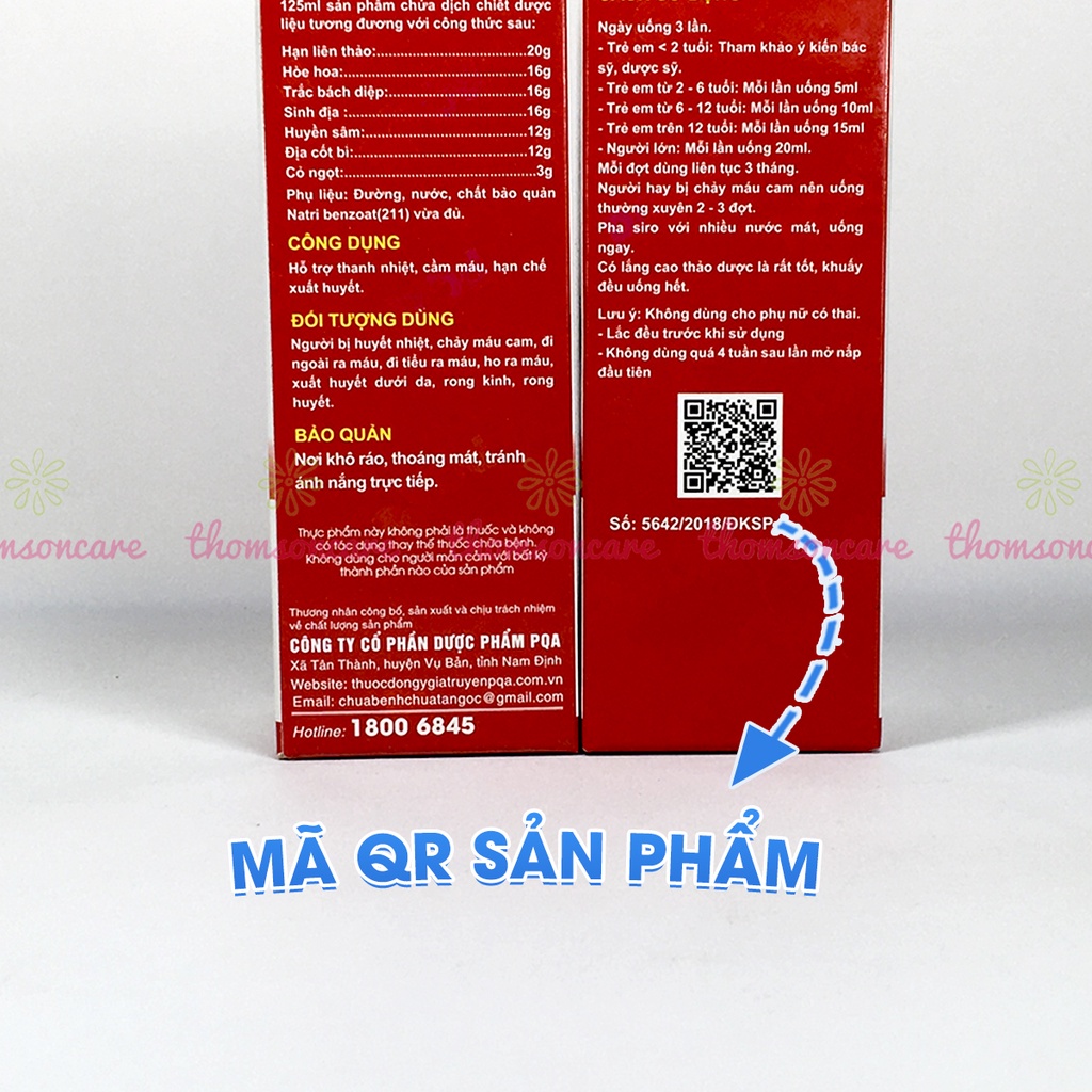 Chỉ huyết PQA hỗ trợ giảm chảy máu cam, nóng trong cho bé, thanh nhiệt - chai 125ml