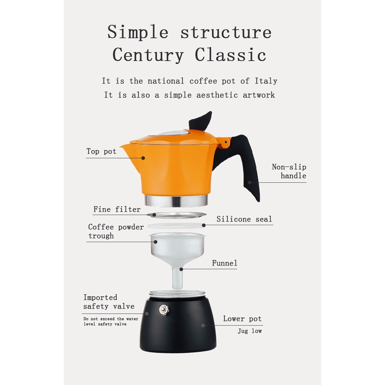Ấm pha cà phê moka ONEISALL phong cách Ý màu cam đen thích hợp cho mọi người dung tích 150ml / 300ml
