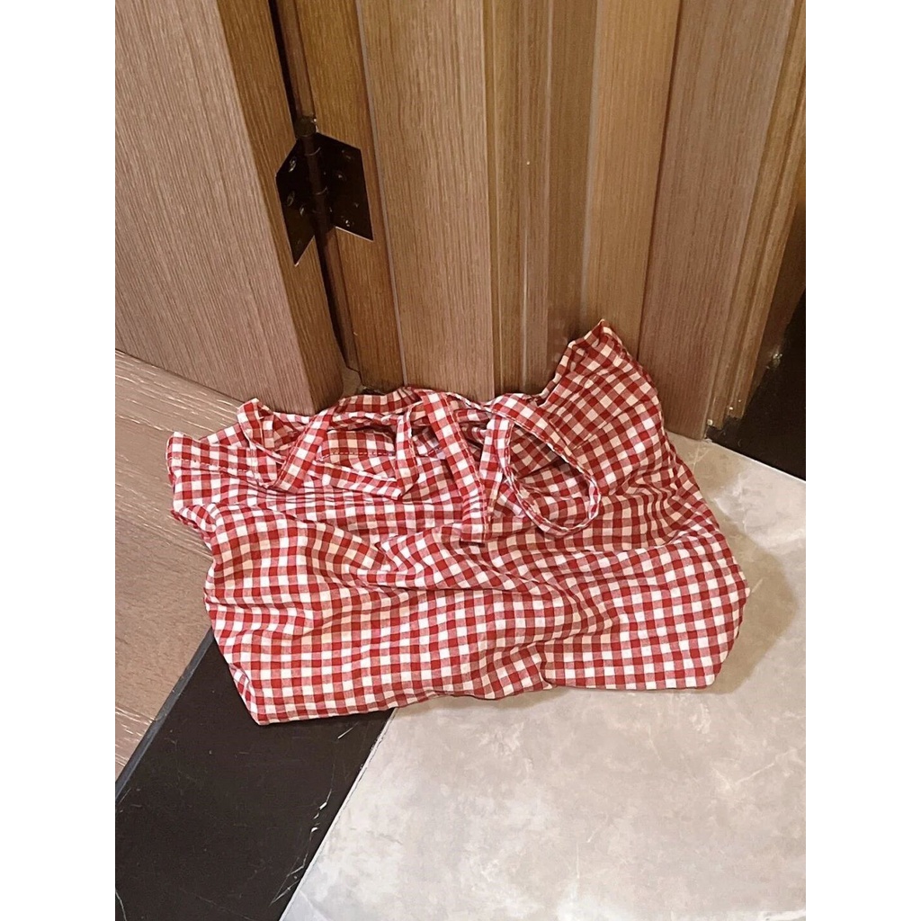 Túi Xách Vải cotton Lanh Phối Ren Kẻ Sọc Caro Phong Cách retro Hàn Quốc Cho Nữ