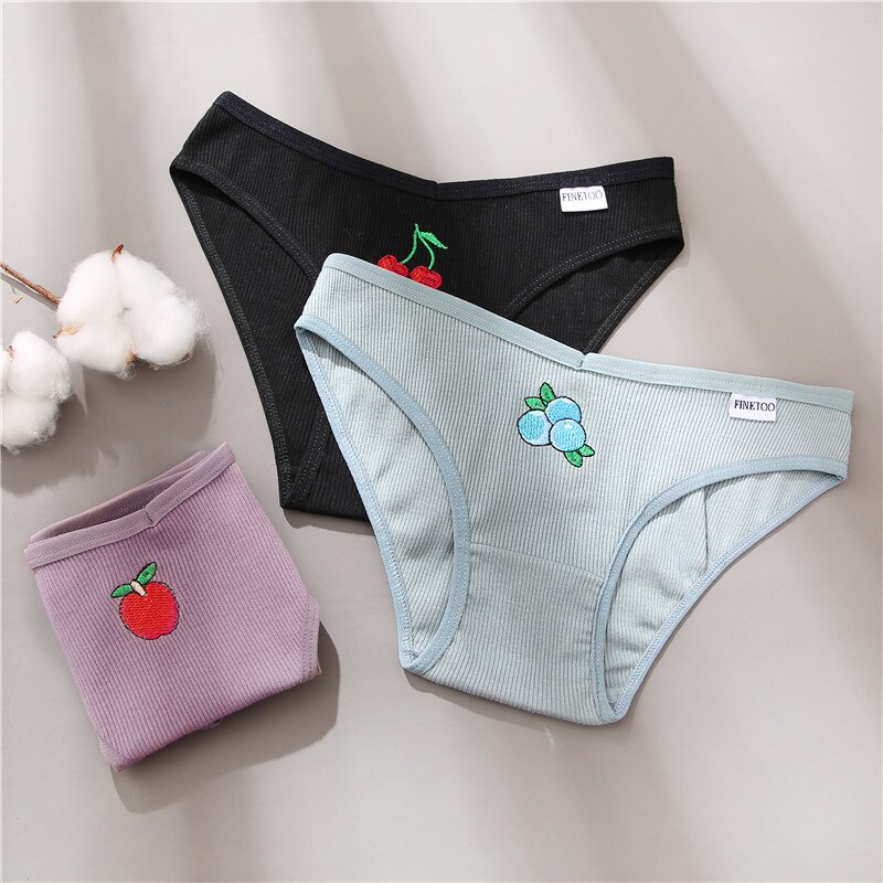 Set 3 quần lót FINETOO bằng vải cotton thêu hoa quả cạp thấp cho nữ kích thước M-2XL