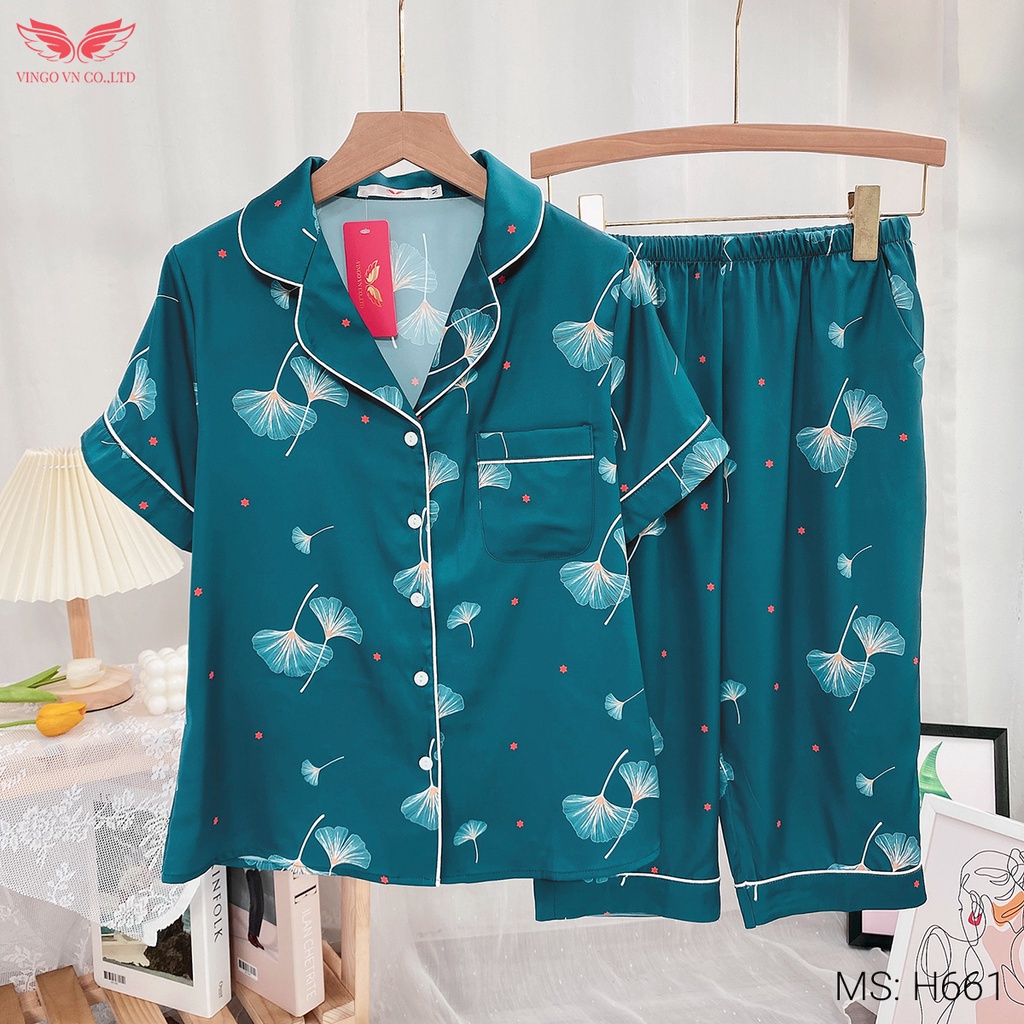 Đồ bộ nữ mặc nhà Pijama lụa Pháp VINGO tay ngắn quần lửng mùa Hè lá ngân hạnh thanh lịch 2 màu xanh đỏ H661 VNGO