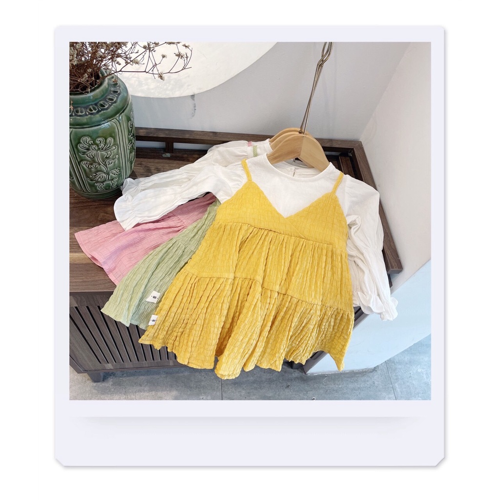 Váy thu dài tay giả yếm cho bé gái 1-5 tuổi