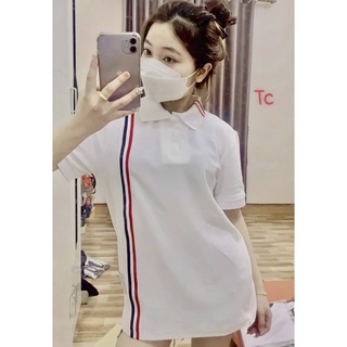 Áo polo thom nam nữ, Áo phông polo thom nữ from rộng viền ngang kẻ sọc cotton hàng cc