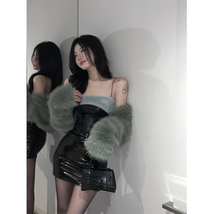 Liasynnn Set Áo Ống Lông Thêu Cô Gái Mỹ + Áo Khoác Lông Ngắn Lưng Phối Khăn Choàng / Áo Khoác + Chân Váy Da Ngắn Sáng Bóng Ôm Dáng Cho Nữ