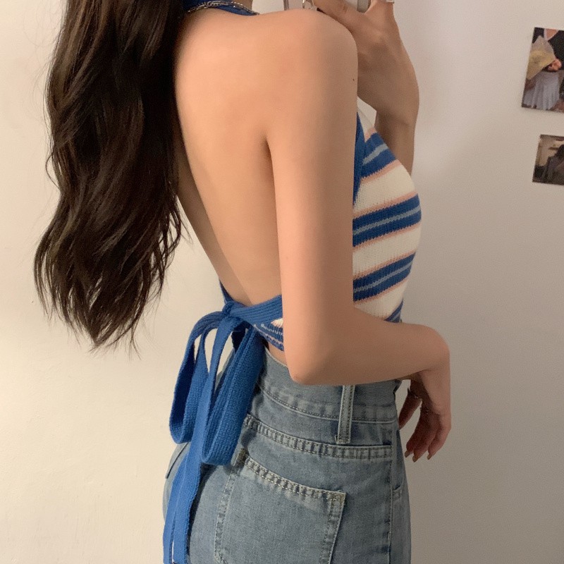 Cocory vn Áo croptop vải dệt kim kẻ sọc thời trang Hàn Quốc cho nữ