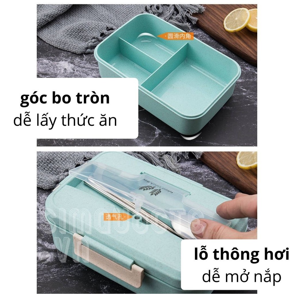 [3 ngăn] Hộp Cơm 1000ML Nhựa Lúa Mạch Kèm Đũa Thìa Muỗng HĐC03