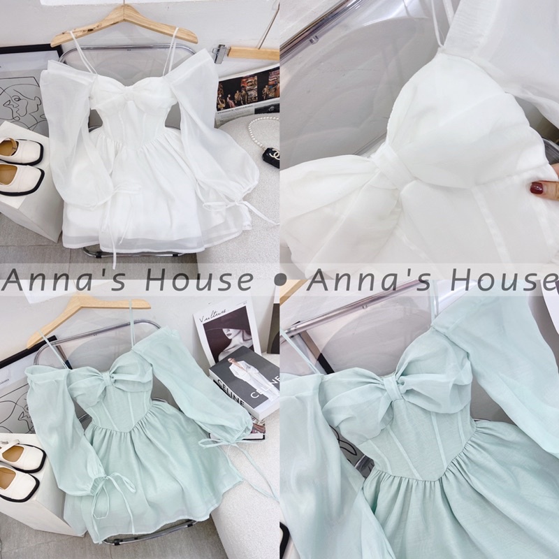 HÌNH THẬT - Đầm voan 2 dây rớt vai nơ ngực tay dài