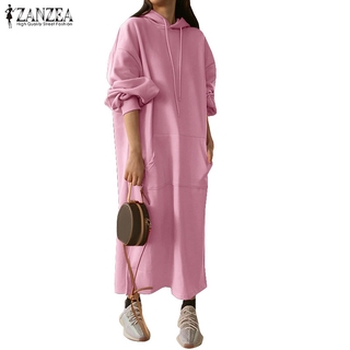ZANZEA Đầm thun tay dài có mũ dáng dài phong cách Hàn Quốc trẻ trung thời trang