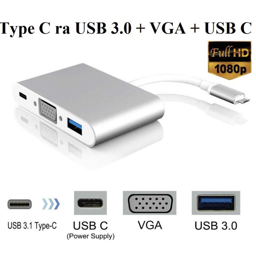 Cáp chuyển Type-C ra 3 (USB 3.0, VGA, Type-C) tốt