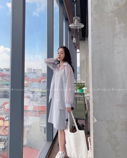 Sét váy 2 dây lụa kèm áo sơ mi voan