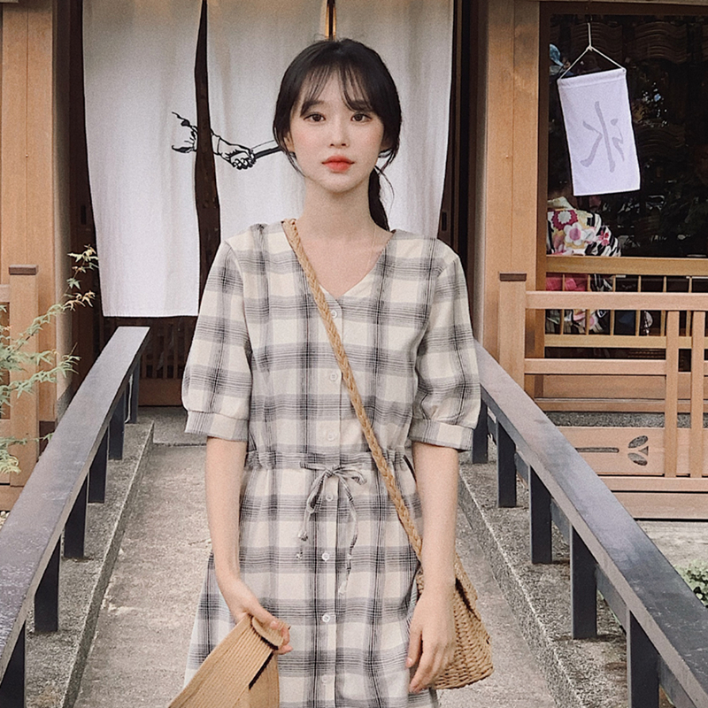Đầm midi nữ tay ngắn cổ chữ V dịu dàng cổ điển kiểu Pháp 36057