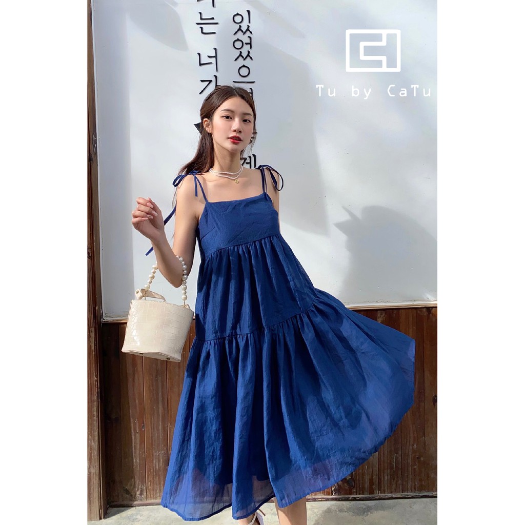 TUBYCATU | Đầm hai dây organza xanh đen hai tầng