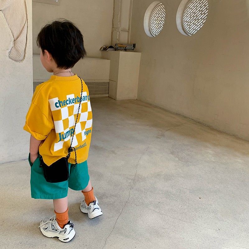 [Babycat] Hàng Có Sẵn Áo Thun Tay Ngắn Phong Cách Hàn Nhật Thời Trang Mùa Hè In Họa Tiết Bàn Cờ Màu Vàng Phong Cách Hàn Quốc Hàng Mới Dành Cho Bé Trai 2022