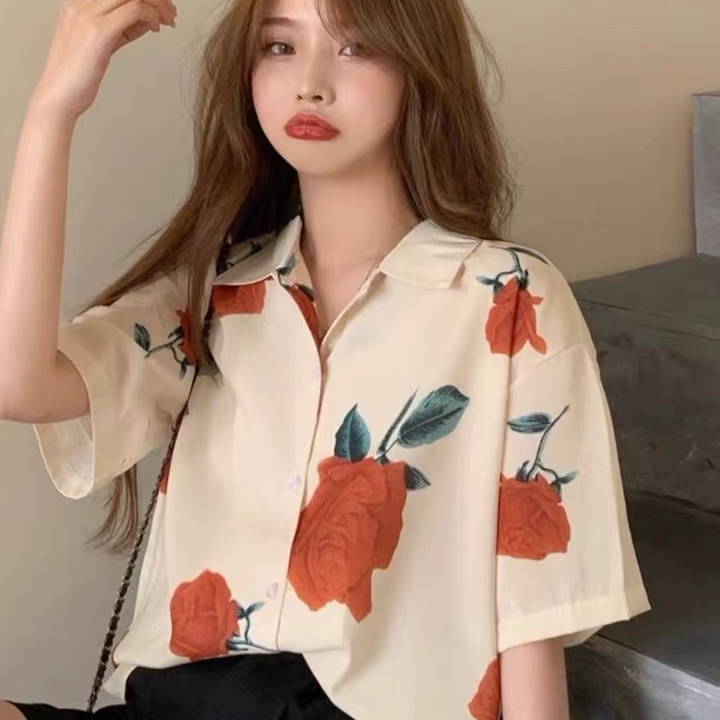 SUXI Áo Sơ Mi Ngắn Tay Dáng Rộng In Họa Tiết Hoa Hồng Kiểu Vintage Thời Trang Mùa Hè Cho Nữ
