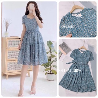 Đầm xanh hoa nhí xoè tầng kèm dây đai