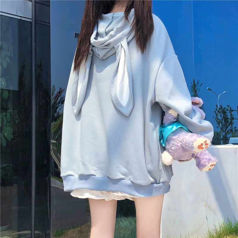 Áo Hoodies Có Nón Dài Tay Đính Tai Thỏ Đáng Yêu Cho Nữ