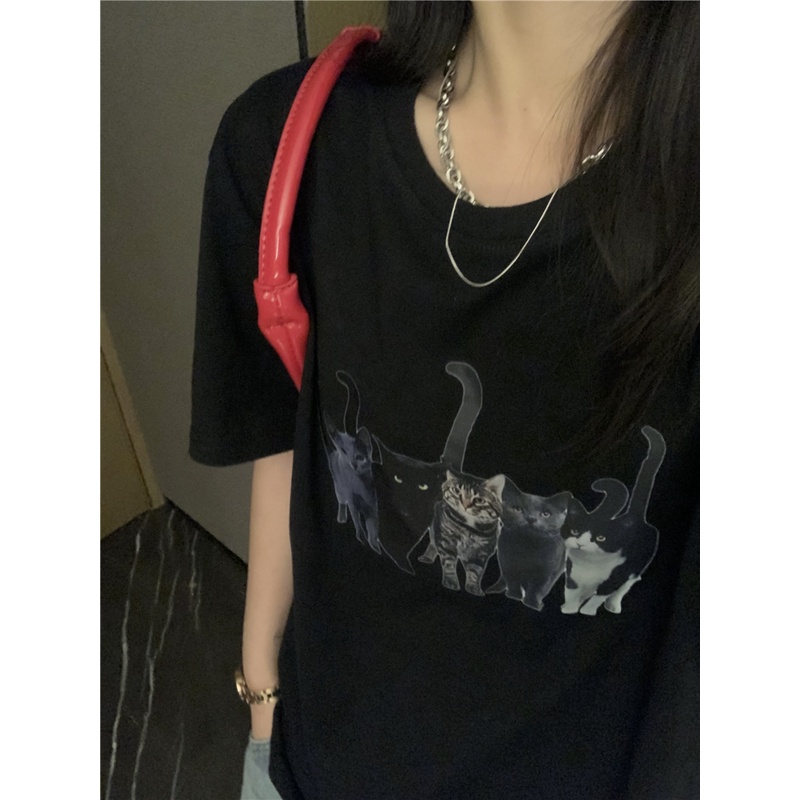 Áo thun Peppermint 50423 vải cotton cổ tròn dáng rộng ngắn tay in hình mèo dễ thương