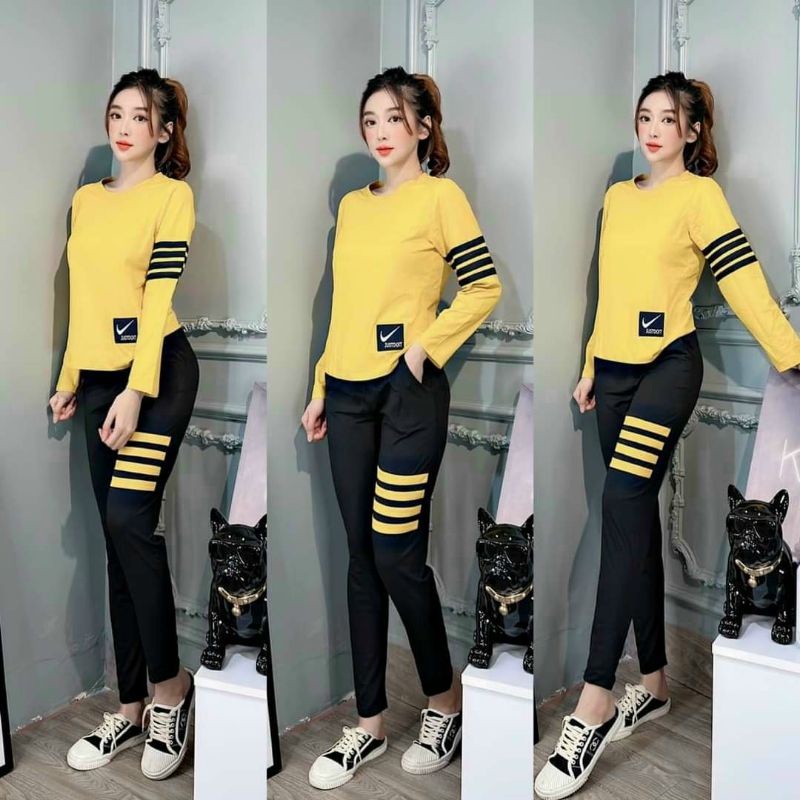 HR Bộ cotton nữ dài tay phối sọc siêu xinh