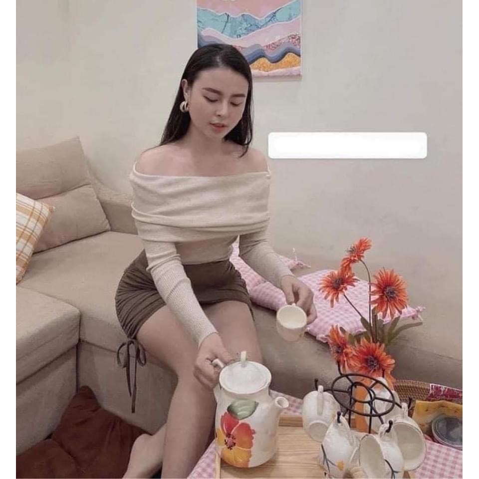 Áo thun tăm nữ tiểu thư trễ vai vintage siêu xinh, áo kiểu nữ dài tay thu đông rẻ đẹp trẻ trung