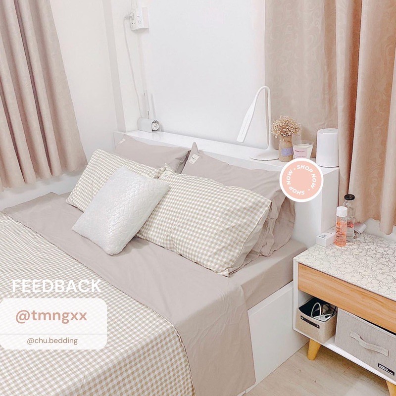 [FREESHIP] Bộ chăn ga gối Cotton đũi: hoạ tiết caro beige | BigBuy360 - bigbuy360.vn