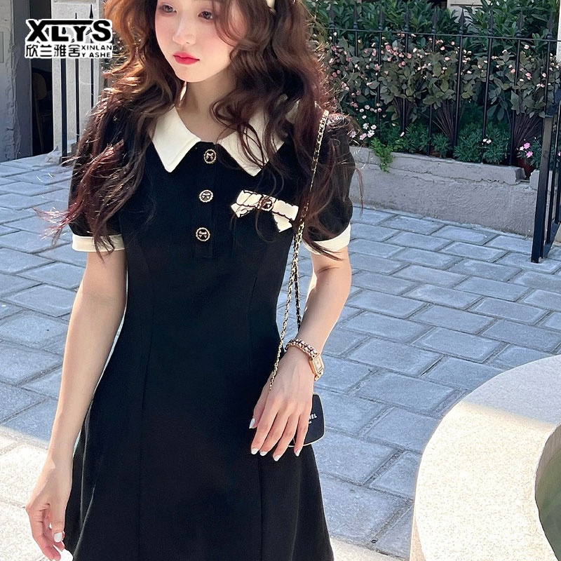 Đầm thun XINLANYASHE dáng chữ A ôm vừa vặn cổ polo vải co giãn phong cách thời trang dành cho nữ
