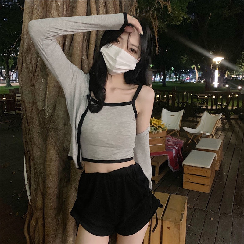 Set Áo Hai Dây + Áo Khoác Cardigan Tay Dài Chống Nắng Phong Cách Hàn Quốc Mới