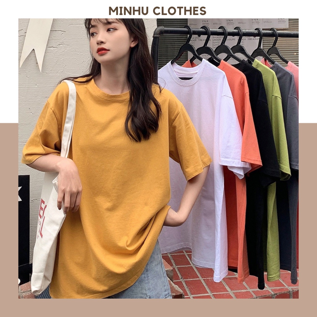 Áo thun trơn tay lỡ form rộng basic chất cotton co giãn thoáng mát nhiều màu MINHU CLOTHES - AT01