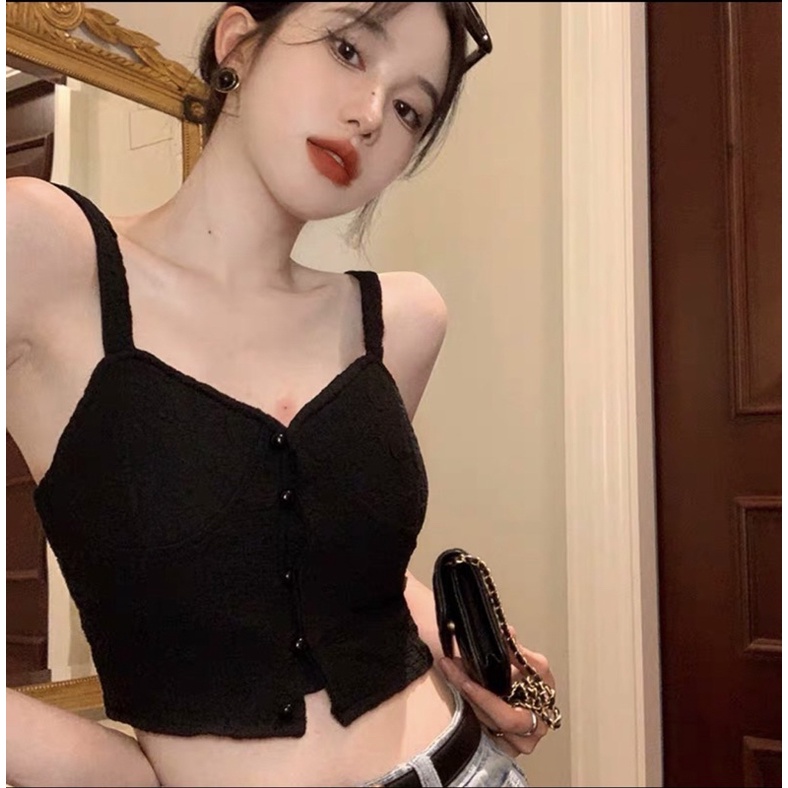 Áo hai dây đính cúc ngọc chất hoa nổi hàng có sẵn - ảnh thật cuối