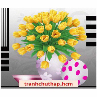 (ĐÃ ĐÍNH) Tranh đính đá thành phẩm BÌNH HOA HỒNG VÀNG 50x50cm