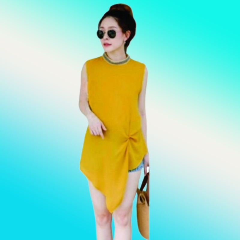 Áo crop top không tay cổ tròn cao cấp phong cách mù tạt cho nữ