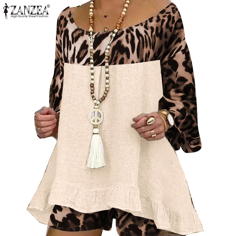 Bộ áo ZANZEA tay 3/4 in họa tiết da báo phối quần ngắn thời trang cho nữ