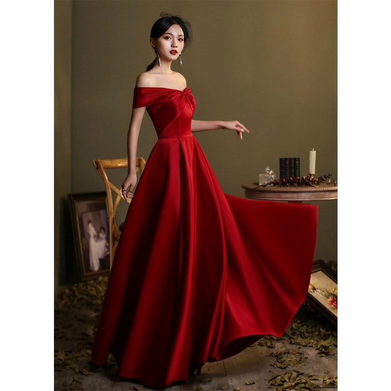 Đầm váy dạ hội, cô dâu đi bàn chéo nơ trễ vai style Hàn Quốc
