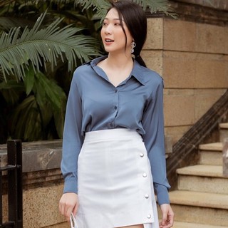 Áo sơ mi lụa màu xanh xám - mixmix - hàng thiết kế - hình thật
