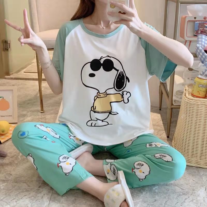 [Sẵn] Đồ bộ thun cotton quần dài, đồ mặc ở nhà Quảng Châu, pijama họa tiết hoạt hình dễ thương