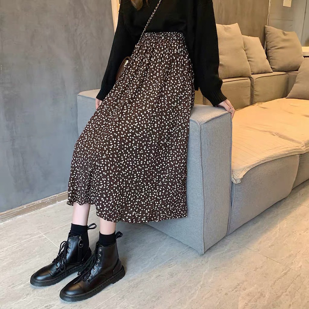 Chân váy hoa nhí xếp ly TOPTRENDING dáng dài vintage | BigBuy360 - bigbuy360.vn