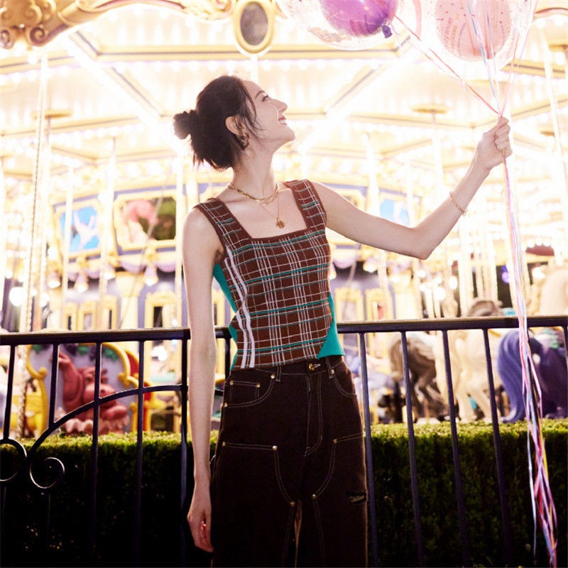 Áo Hai Dây Dệt Kim Ôm Dáng Họa Tiết Kẻ Sọc Màu Sắc Tương Phản Thời Trang Cho Nữ