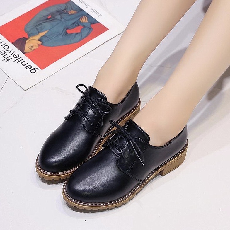 Giày tây mũi tròn thắt dây phong cách Retro cho nữ