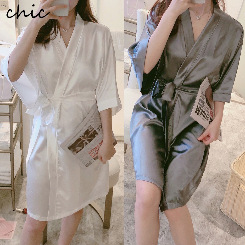 Áo Choàng Ngủ Vải Satin Dáng Dài Màu Trơn Thời Trang Cho Nữ