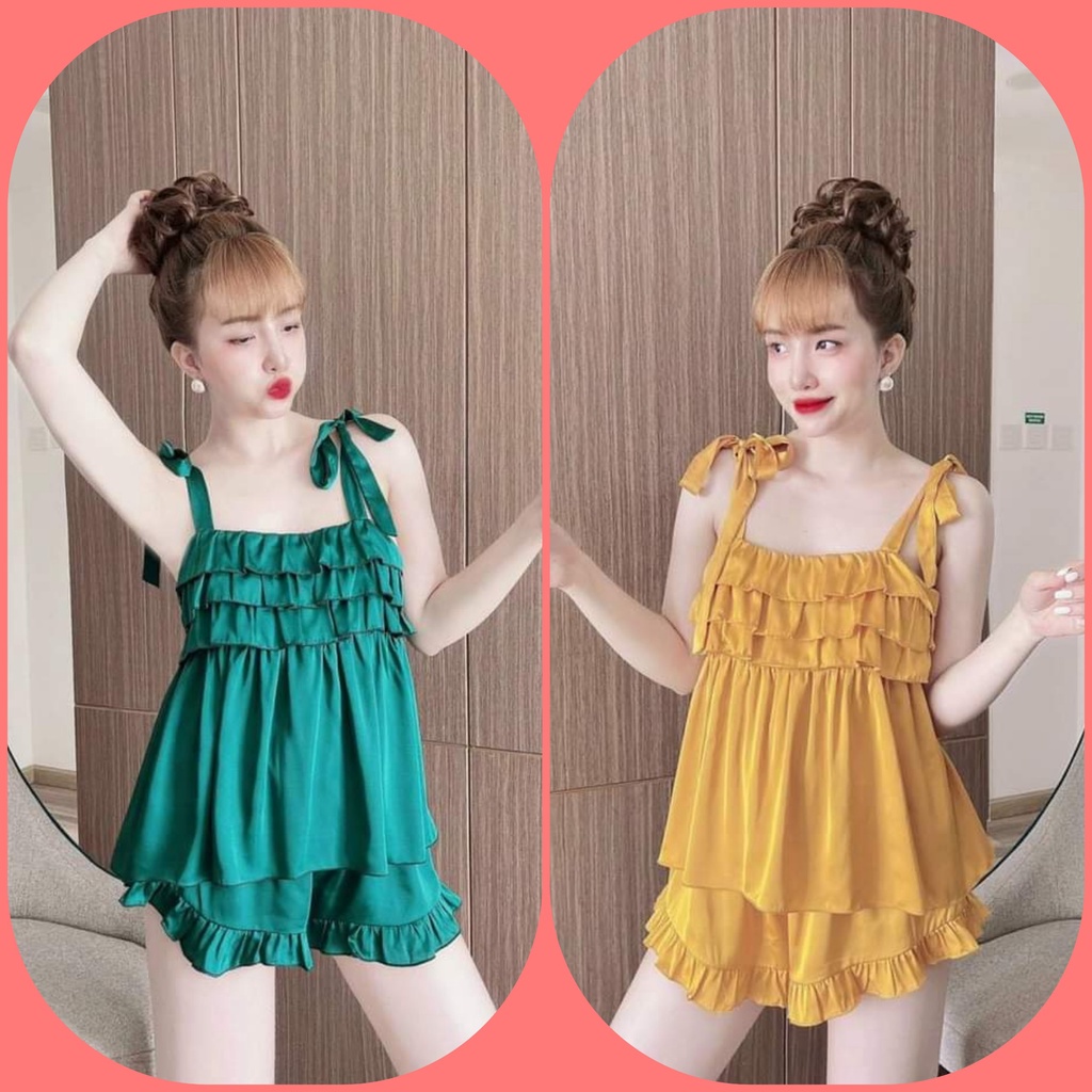 Đồ ngủ sexy, đồ ngủ 2 dây viền bèo, bộ ngủ lụa - CN08