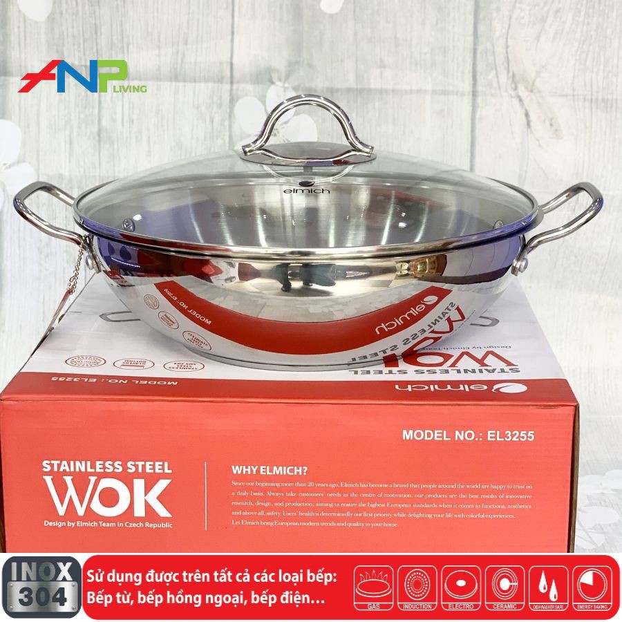 Chảo Xào Sâu Lòng Kiêm Nồi Lẩu 5 Đáy inox 304 Elmich EL-3255 (Size 32cm - Dùng Được Trên Mọi Loại Bếp) - Hàng Chính Hãng