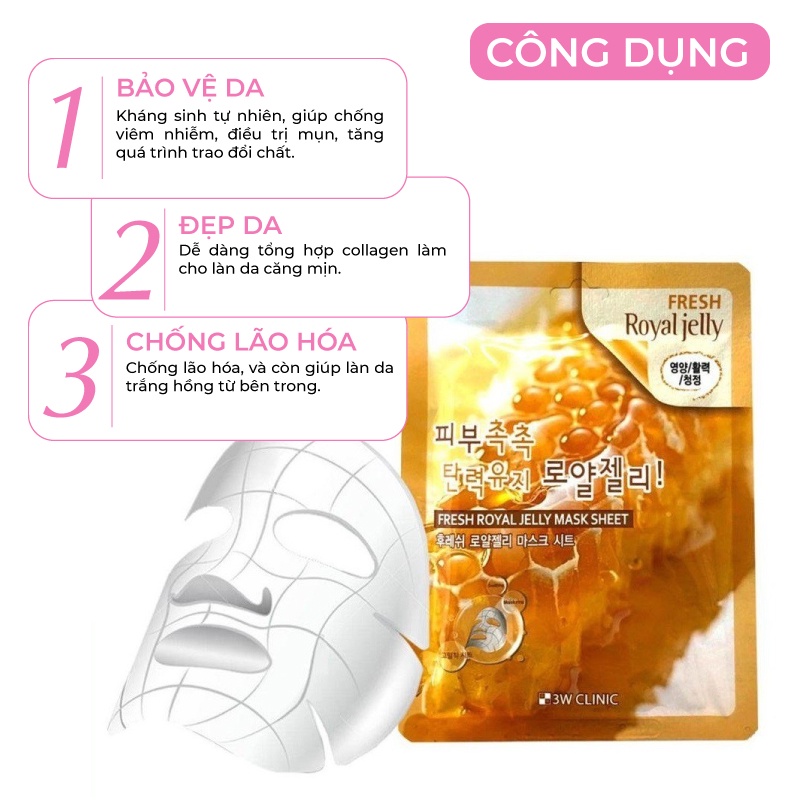 Combo 10 Túi Mặt nạ giấy dưỡng trắng da dưỡng ẩm chiết xuất từ sữa ong chúa 3W Clinic Hàn Quốc 23mlx10