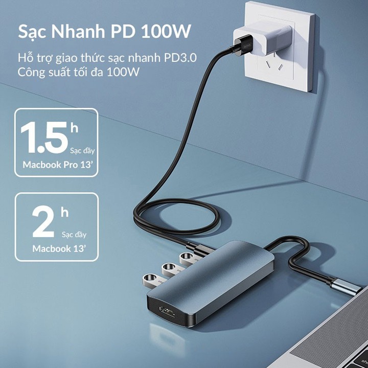 HUB Chuyển đổi 5 trong 1 Remax RU-U5 1 cổng Type c ra 01 Cổng HDMI 03 Cổng USB 3.0 và 01 Cổng Type C tích hợp PD