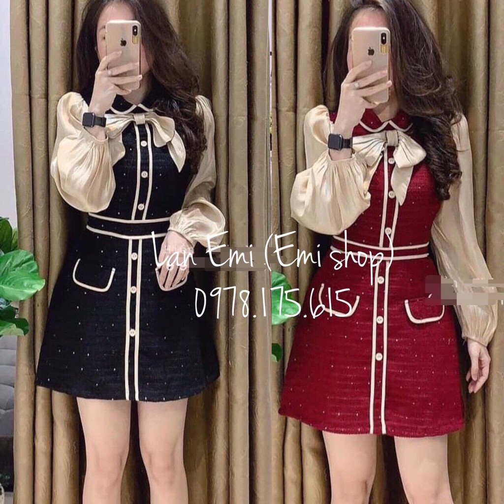 váy dạ kim tuyến phối tay lụa - dài tay
