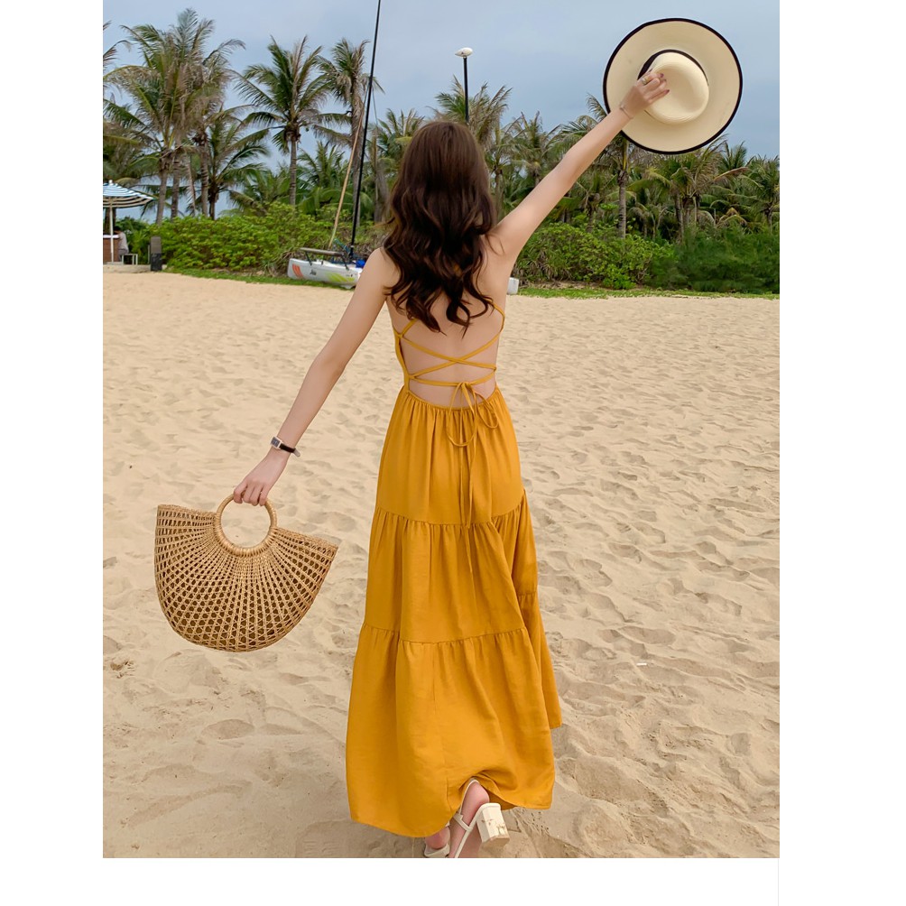 [Có Sẵn S, M] [Ảnh Thật] Váy Maxi vàng 2 dây đan lưng đi biển siêu hot | BigBuy360 - bigbuy360.vn