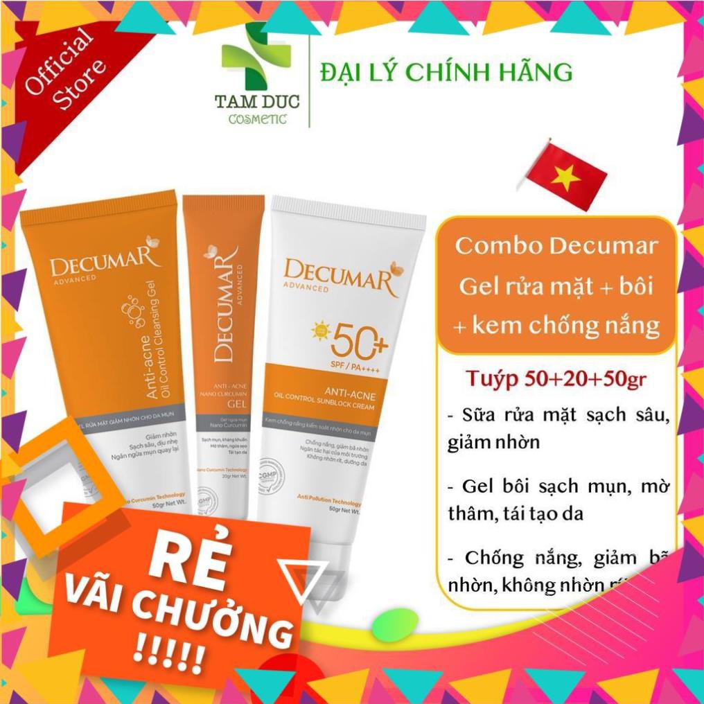 [NEW] Combo sạch mụn DECUMAR ADVANCED [Gel rửa mặt kiềm nhờn, gel ngừa mụn, kem chống nắng] (Decuma, dercuma, dercumar)