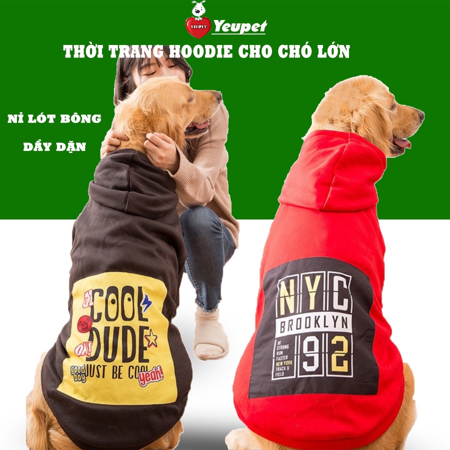 Áo cho chó lớn size từ 20 - 50 kg áo thu đông Hoodie cho chó có 2 tay và mũ vải len lót lông cừu cao cấp